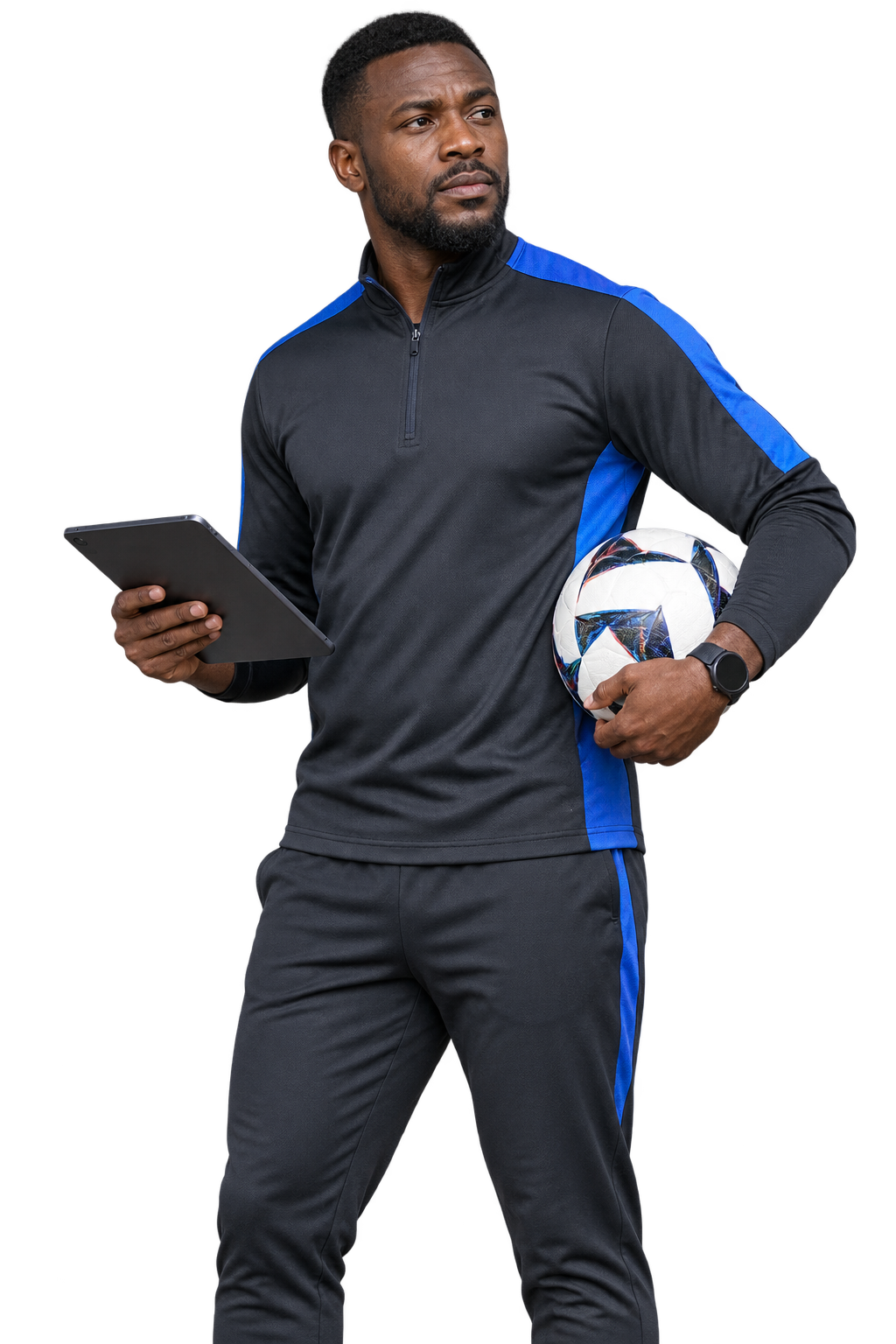 Football analyst holding a tablet and ball while reviewing match data