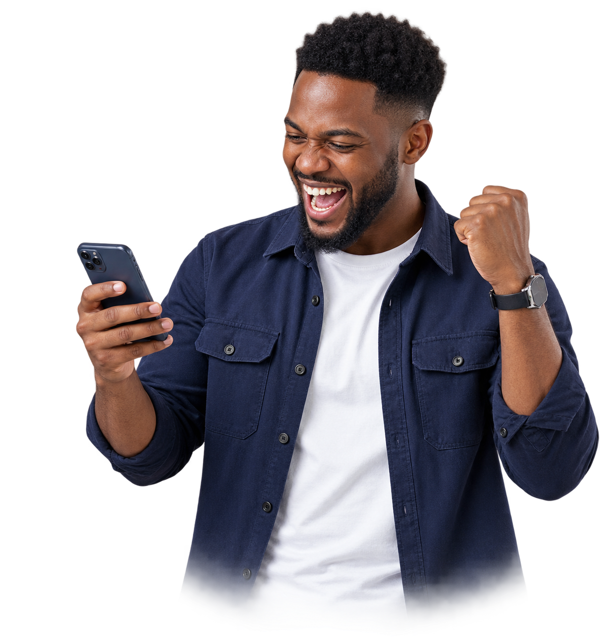 Happy African football fan celebrating while viewing a prediction on his phone